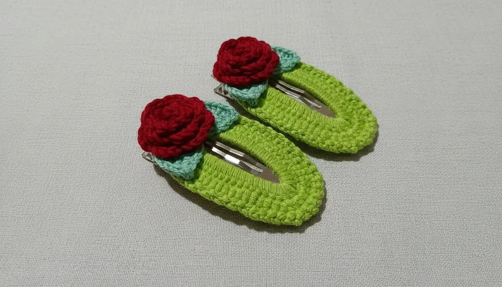 Örgü Kırmızı Gül Detaylı Yeşil Toka Seti - Çıtçıtlı, El Emeği