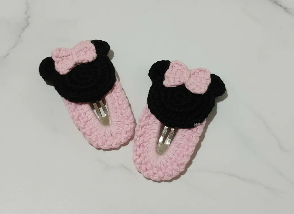 Pink Mickey Mouse Knit Baby Clip-on Hair Clip - Handmade