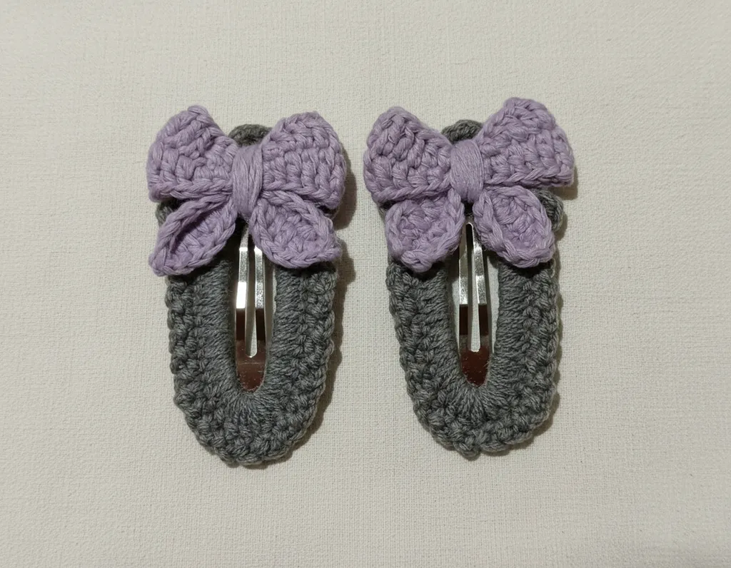 Purple Knitted Bow Snap Hair Clip Set - Handmade