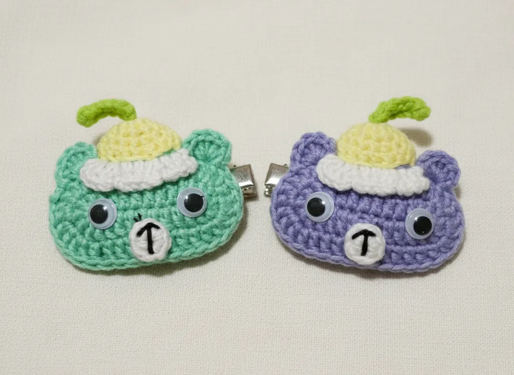 Knitted Teddy Bear Hair Clip Set - Lilac and Turquoise Colored Snap-On Handmade