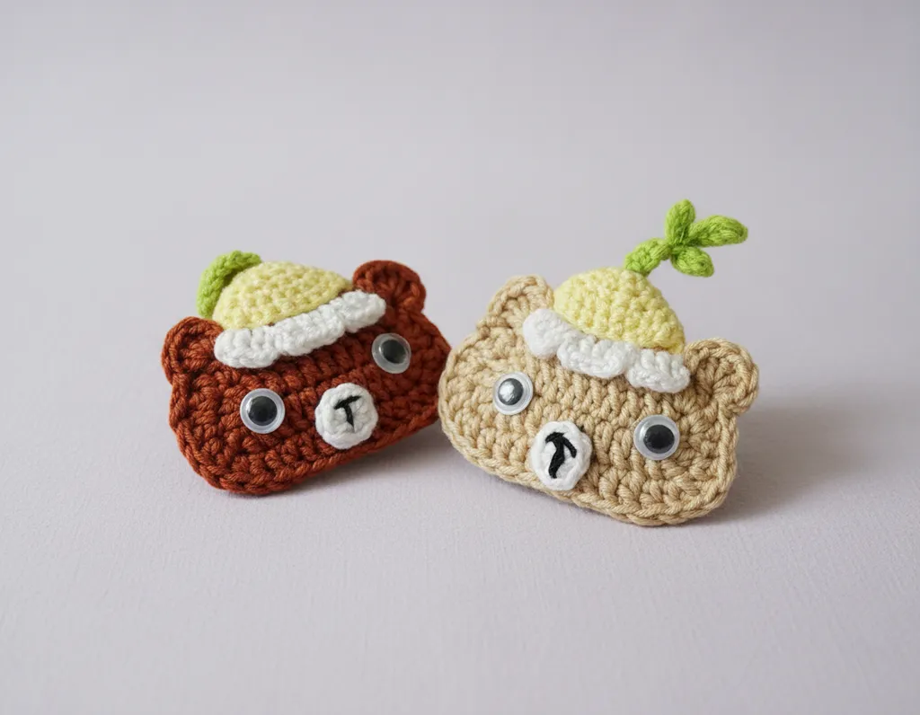 Kahve ve Sarı Tonlarında Örgü Ayıcık Toka Seti - Çıtçıtlı, 2'li