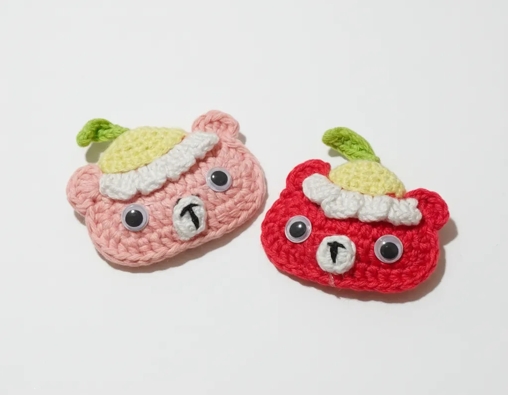 Knitted Teddy Bear Hair Clip Set - Snap-on, Pink and Red Colored, Handmade