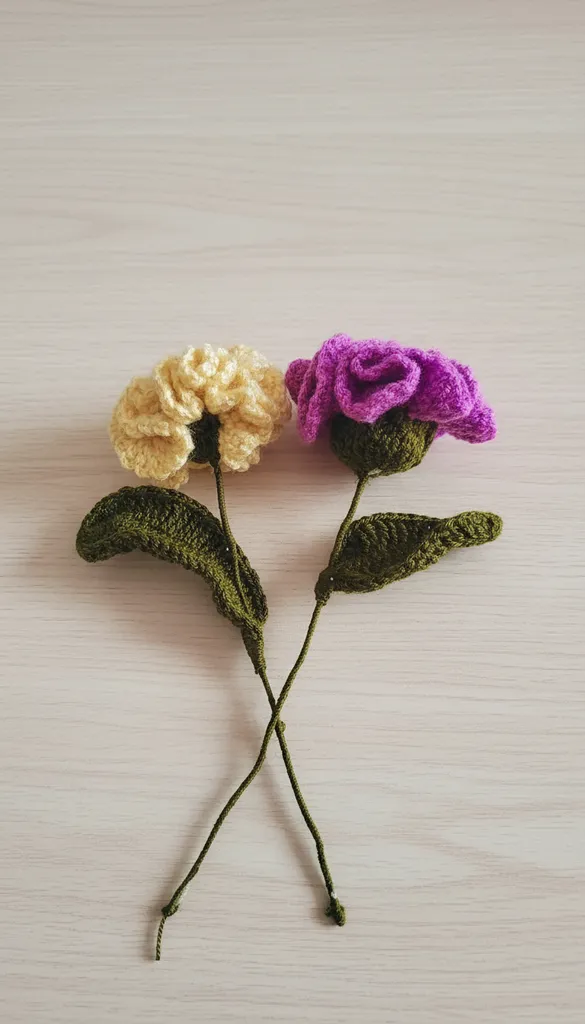 Sarı ve Mor Renkli Tığ İşi Karanfil Çiçek Buketi - Solmayan