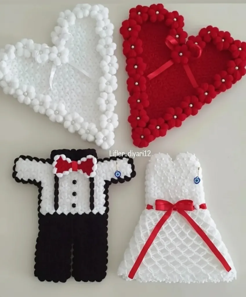 Örgü Çeyizlik Lif Takımı - Kalp ve Gelin Damat Desenli 4 Parça