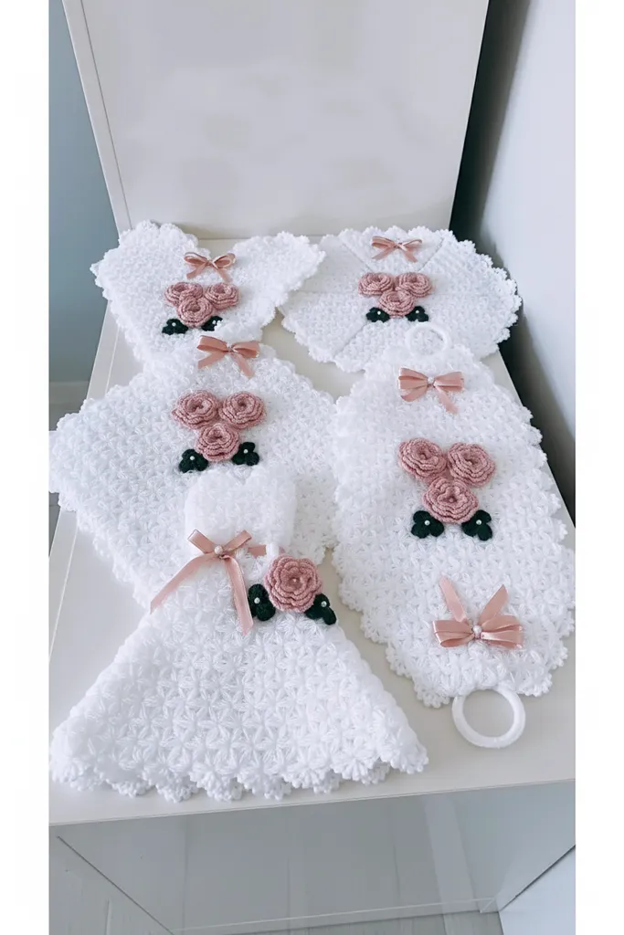 White Colored Flower Detailed Dowry Loofah Set Model - Handmade