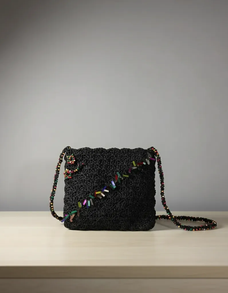 Siyah Kağıt İp Örgü Omuz Çantası - Boncuk Detaylı Yan Çanta