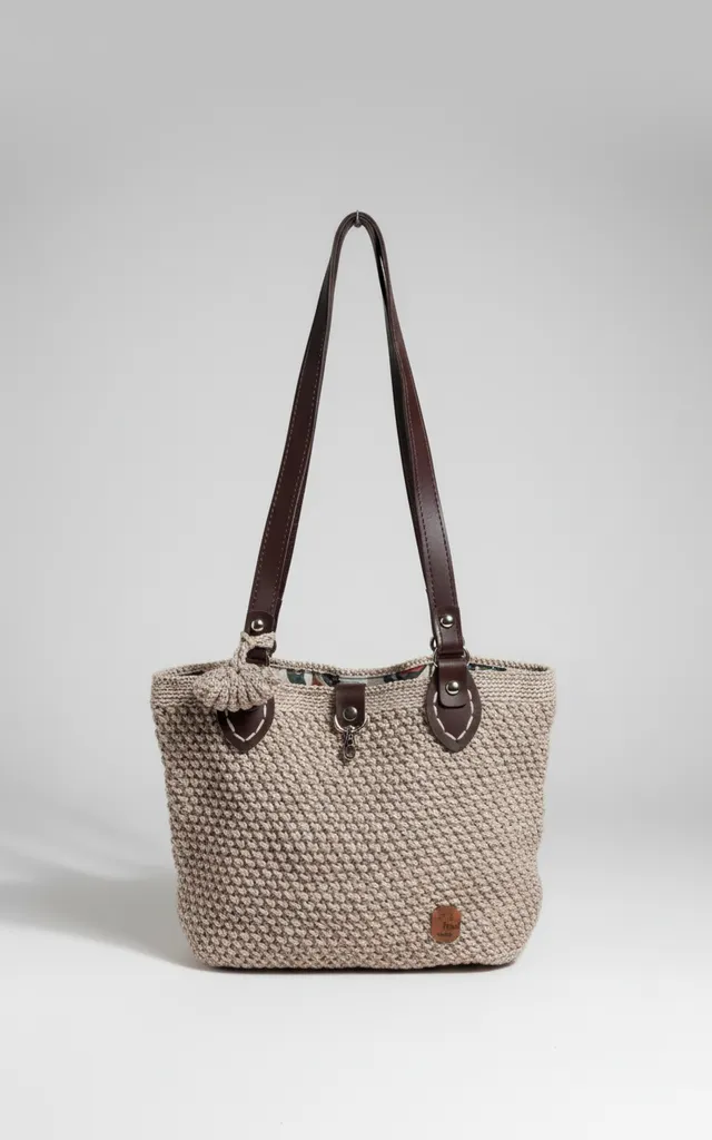 Makrome Örgü Omuz Çantası - Kahverengi Deri Askılı, Astarlı ve Çıtçıtlı