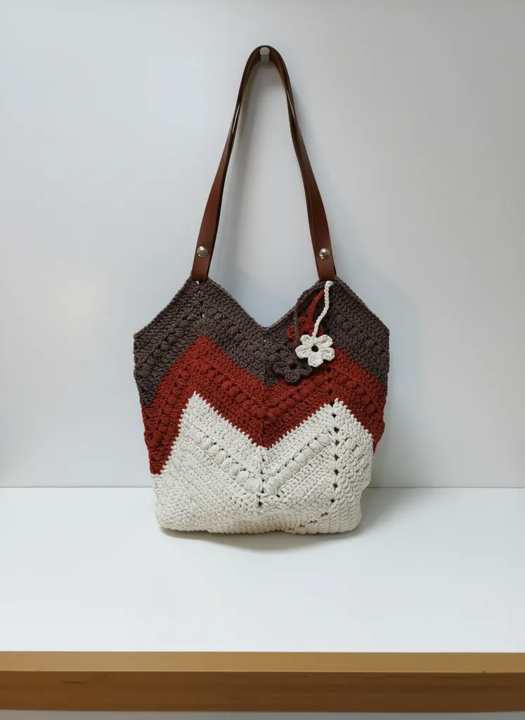 Makrome Örgü Omuz Çantası - Kahverengi, Krem ve Taba Renkli Lale Desenli