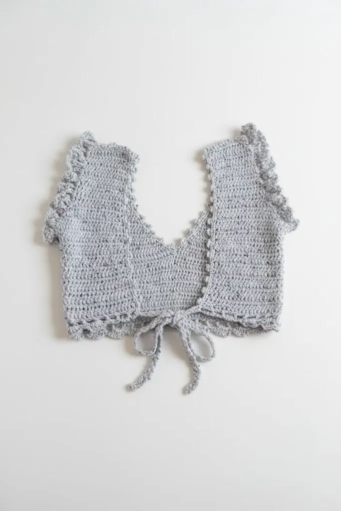 Gümüş Simli Örgü Crop Top Bluz - Bağlamalı Merserize Yazlık