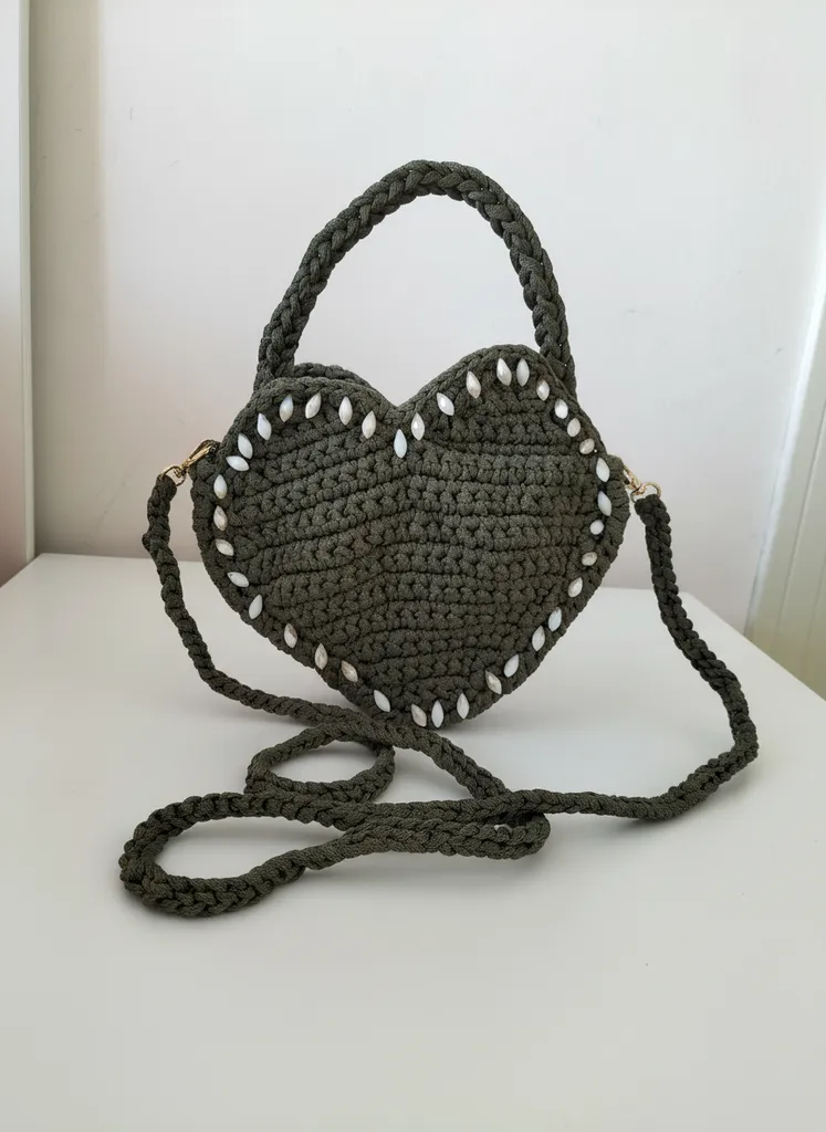 Khaki Color Heart Model Beaded Knitted Bag - Handmade