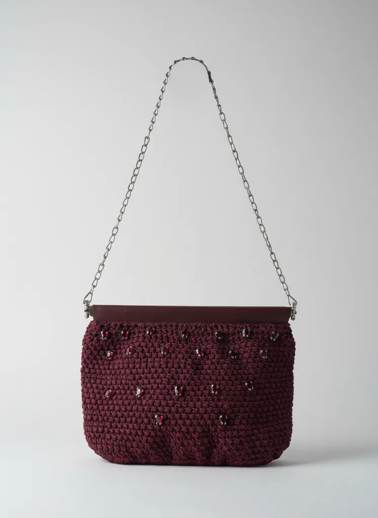 Bordo Renkli Boncuk İşlemeli Örgü Çanta - Zincir Askılı El Emeği