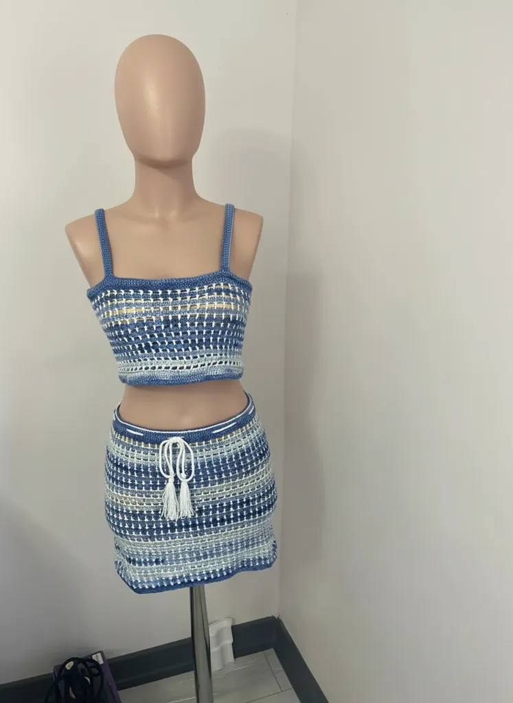 Mavi Beyaz Örgü Crop Top ve Etek Takım - Merserize Yazlık