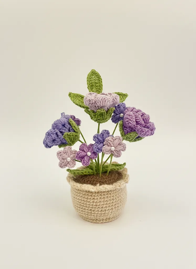 Örgü Mor Çiçekli Saksı - Amigurumi El Emeği Dekoratif Hediyelik