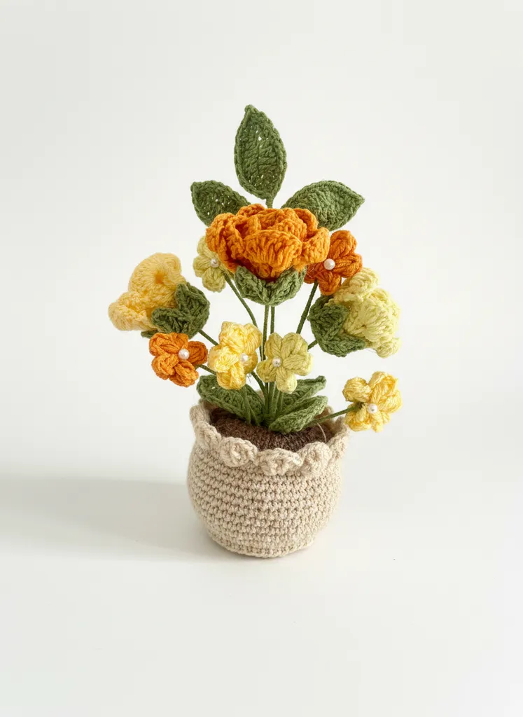Yellow Toned Knitted Flower Arrangement and Pot - Handmade