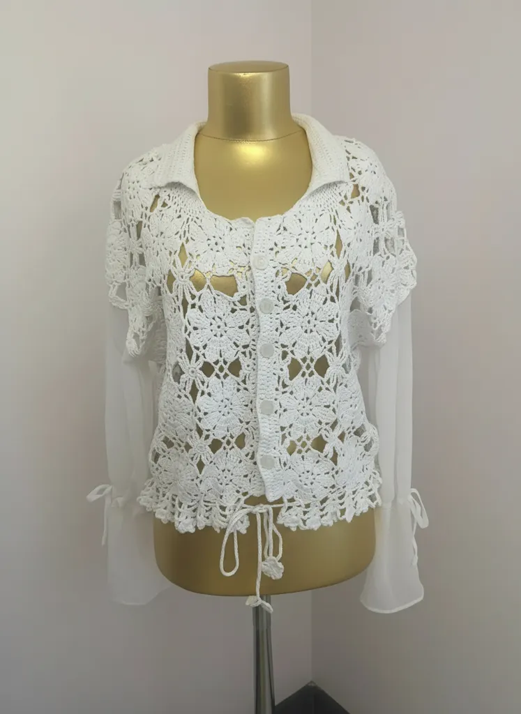 Beyaz Coton Şifon Kollu Örgü Hırka - 55 cm Boy - El Emeği