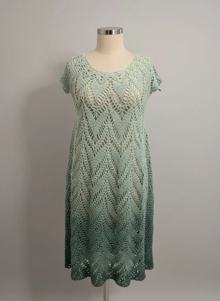 Açık Yeşil Merserize Örgü Elbise - Desenli, Kısa Kollu, Yazlık