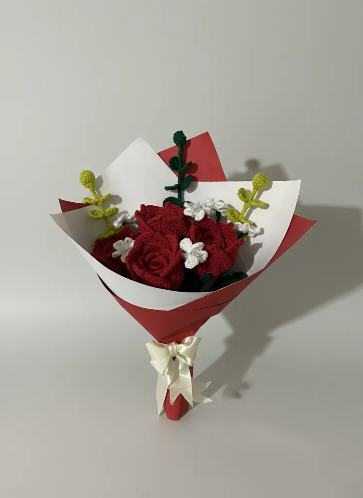 Crochet Red Rose Bouquet - Handmade Decorative Flower Arrangement