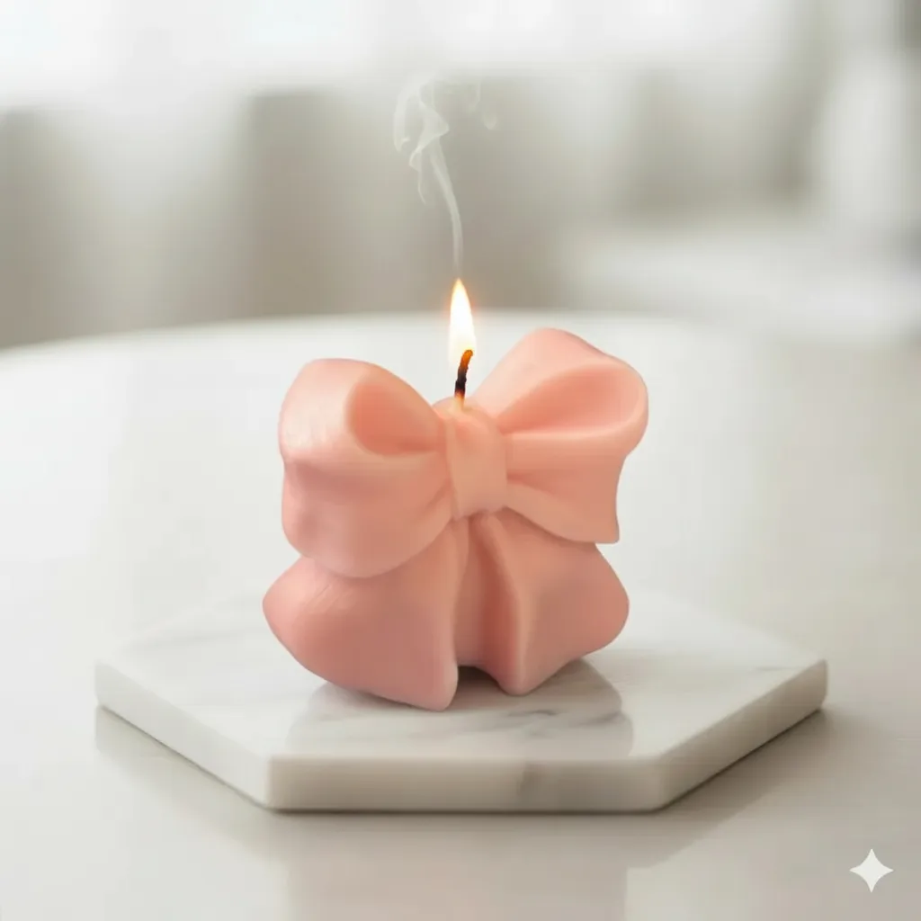 Pembe Kurdele Tasarımlı Dekoratif Mum - El Yapımı & Kokulu