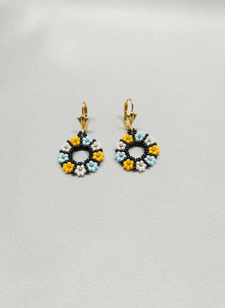Miyuki Beaded Flower Motif Hoop Earring - Handmade Jewelry