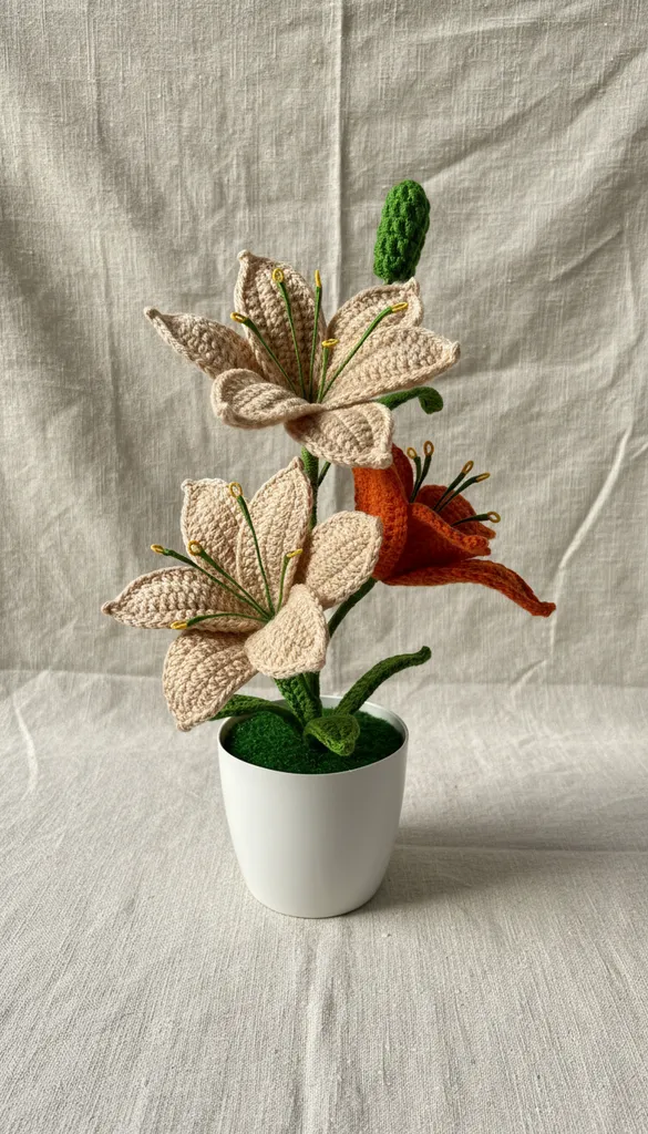 Knitted Lily Flower in Pot Decorative Artificial Flower - Handmade