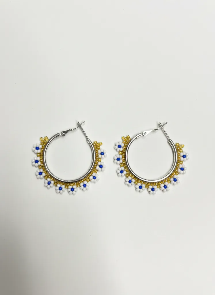 Miyoki Boncuklu Metal Halka Küpe - Papatya Desenli ve El İşçiliği