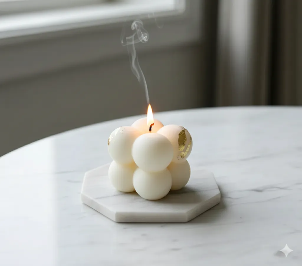 Beyaz Bubble Mum - Altın Detaylı, Hindistan Cevizi Kokulu Dekoratif Mum