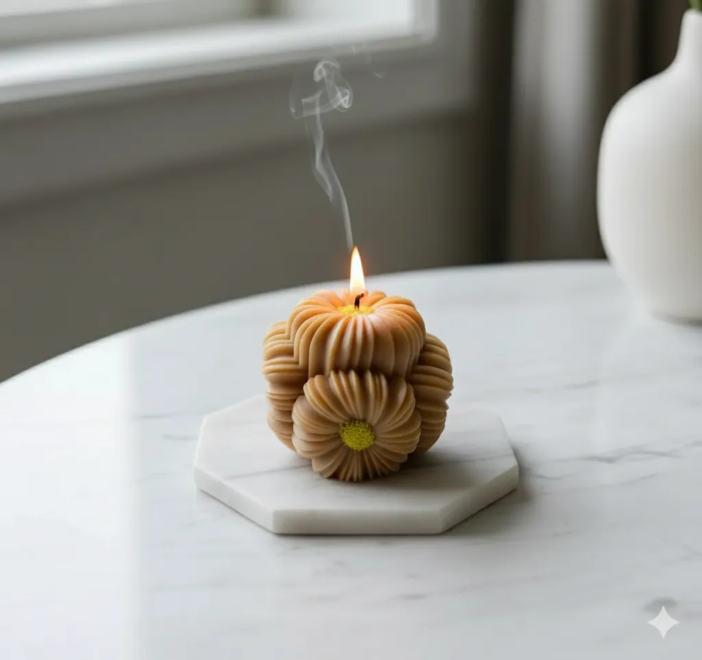 Kahverengi Çiçek Desenli Bubble Mum - Dekoratif El Yapımı Kokulu Mum