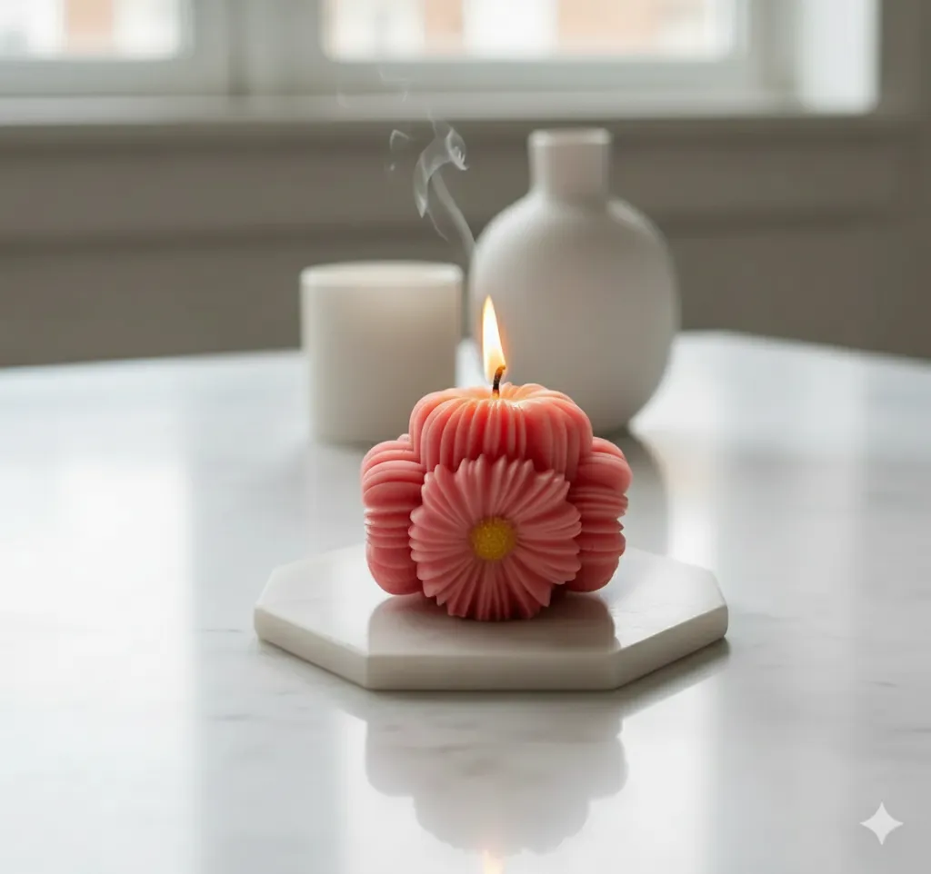 Pembe Çiçek Tasarımlı Bubble Mum - Dekoratif El Yapımı Aromaterapi