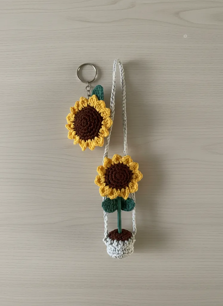 Örgü Ayçiçeği Araba Süsü ve Anahtarlık Seti - El Emeği