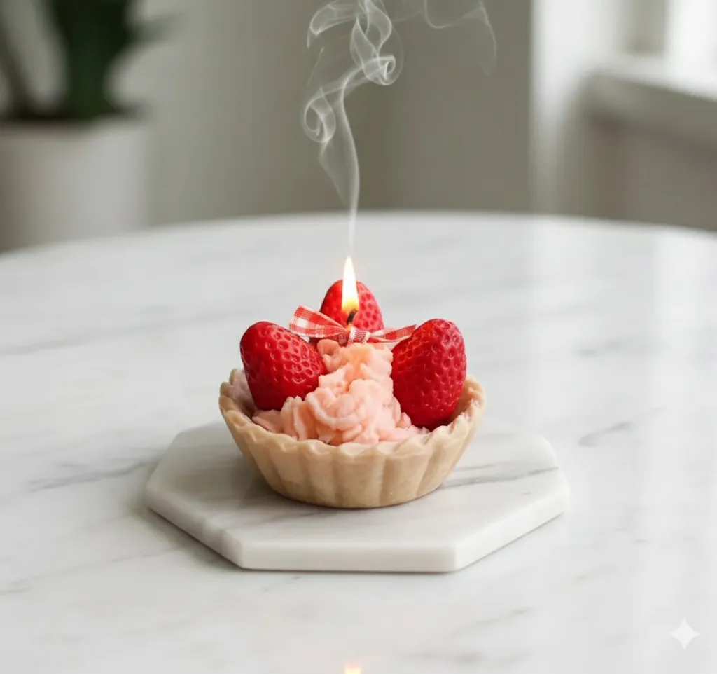 Çilek Tartı Tasarımlı Dekoratif Mum - Doğal ve El Yapımı