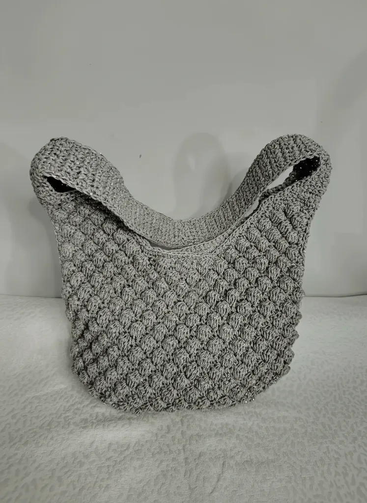 Gri Simli Kağıt İplik Örgü Omuz Çantası - Kadın, Astarlı ve Cepli