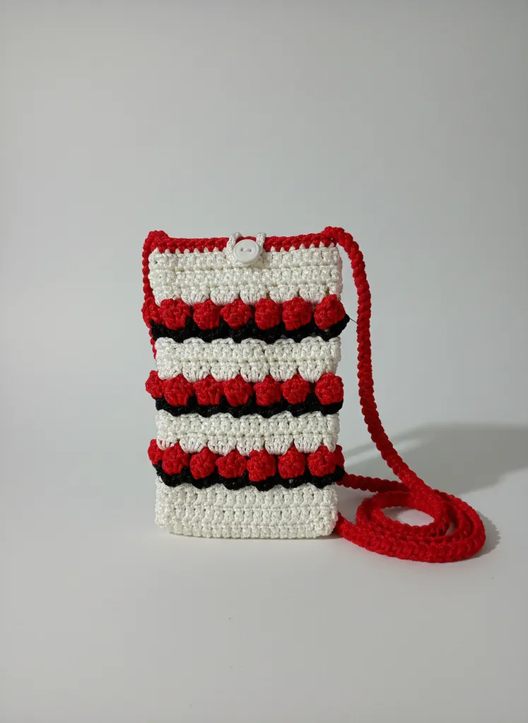 Beyaz ve Renkli Çiçek Detaylı Örgü Telefon Çantası - El Emeği