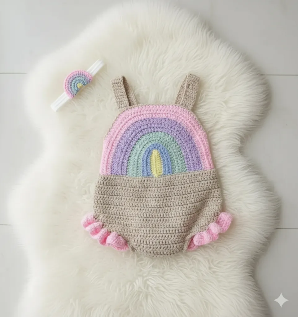 Örgü Gökkuşağı Desenli Bebek Romper Tulum ve Saç Bandı - El Emeği