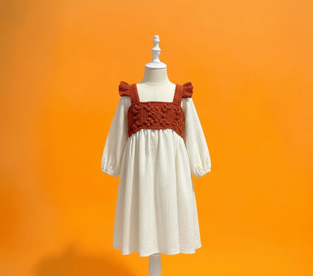 Kız Çocuk Krem Renkli Pamuklu Uzun Kollu Örgü Detaylı Vintage Elbise