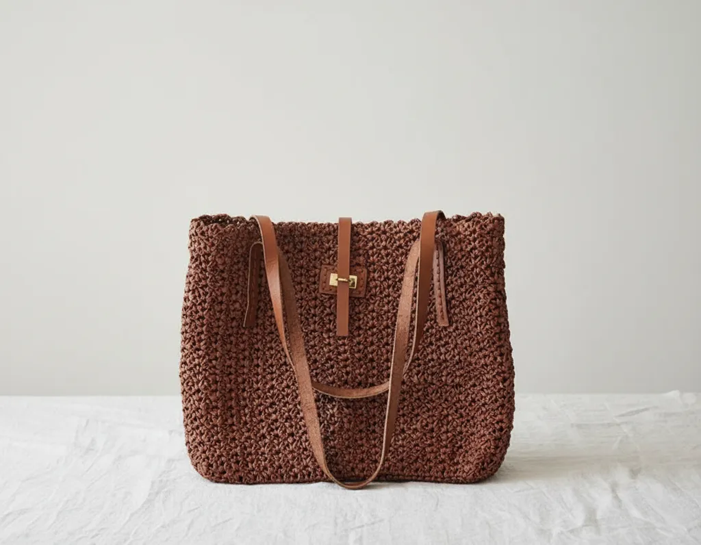 Tarçın Rengi Kağıt İp Örgü Omuz Çantası - El Emeği Tasarım