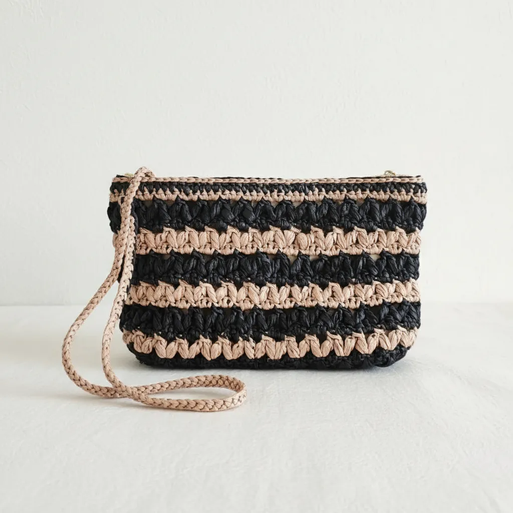 Siyah Kahve Kağıt İp Örgü Clutch - Fermuarlı ve Astarlı El Emeği