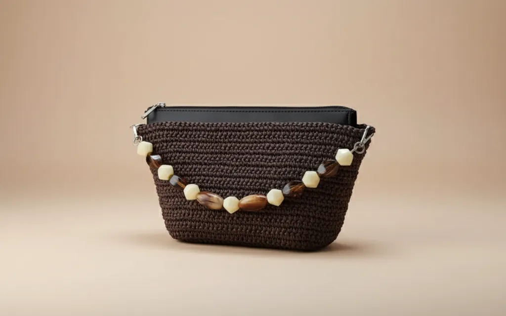 Acı Kahve Zara Model Kağıt İp Örgü Çanta - Boncuk Detaylı