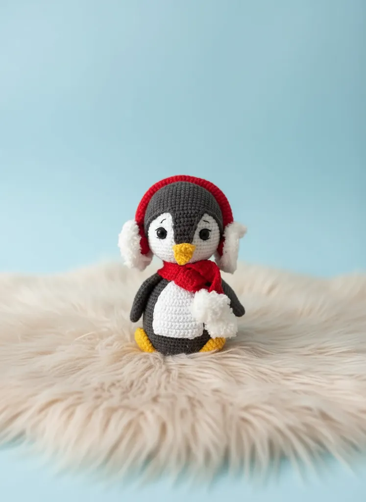 Örgü Penguen Amigurumi Oyuncak - Kırmızı Atkılı ve Kulaklıklı Sevimli Penguen