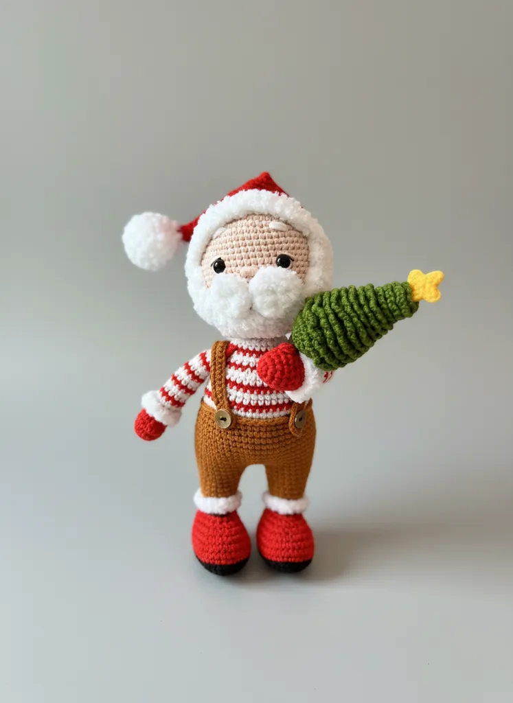 Örgü Amigurumi Noel Baba Oyuncak - Yeşil Ağaçlı Dekoratif Bebek