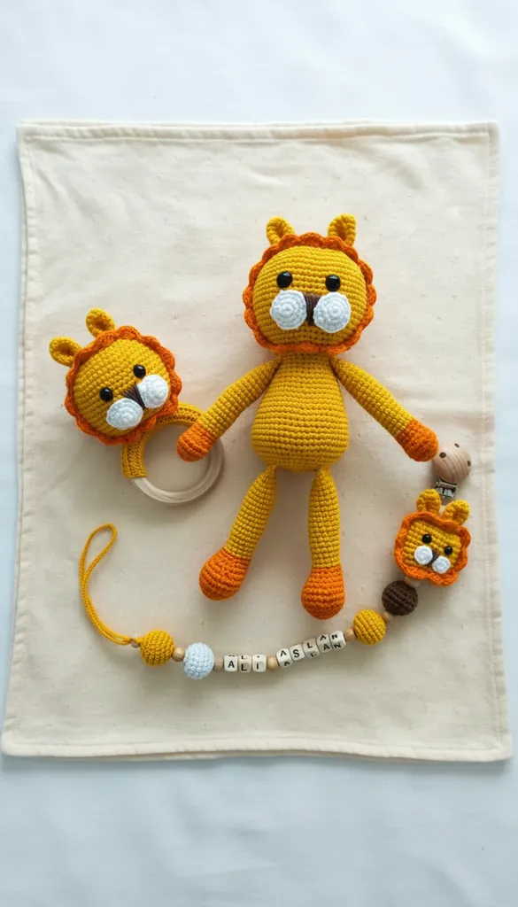 Sarı Amigurumi Aslan Bebek Uyku Arkadaşı, Çıngırak ve Emzik Zinciri Seti