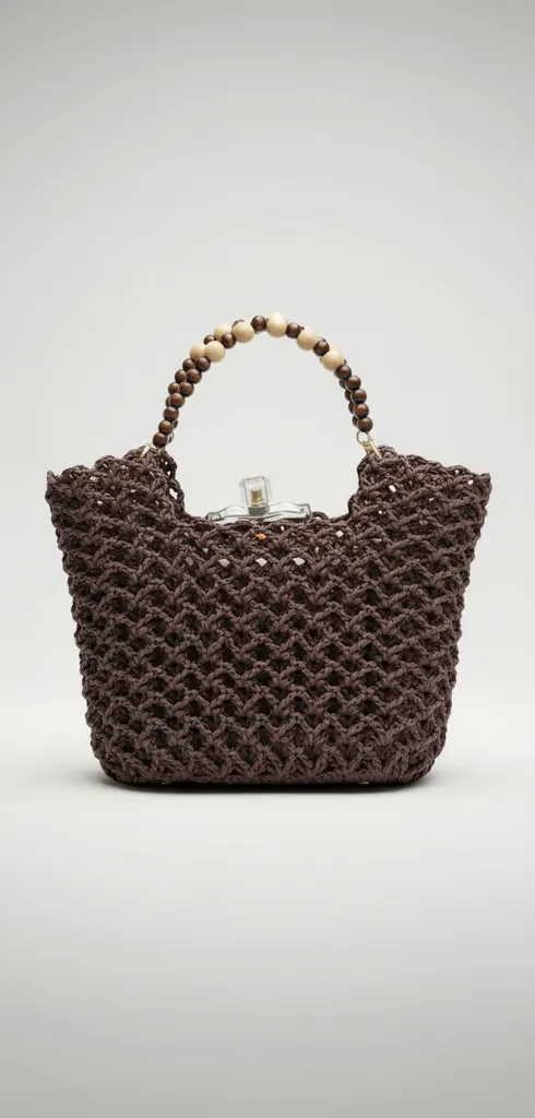 Ahşap Saplı Acı Kahve Rengi El Örgüsü Rafya İp Omuz Çantası