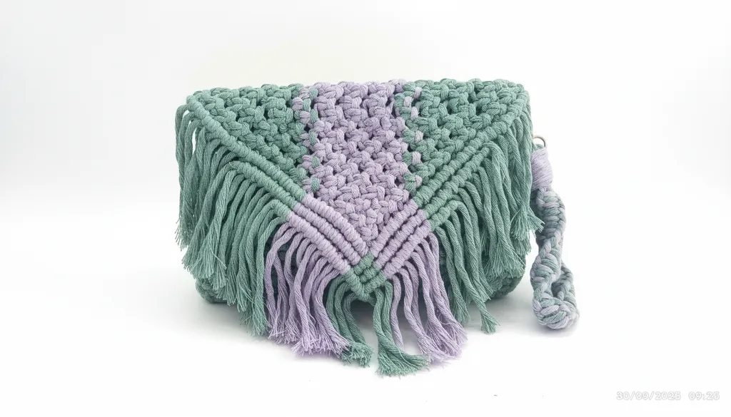 Çağla Yeşili ve Lila Renkli Makrome Örgü Clutch Çanta - El Emeği