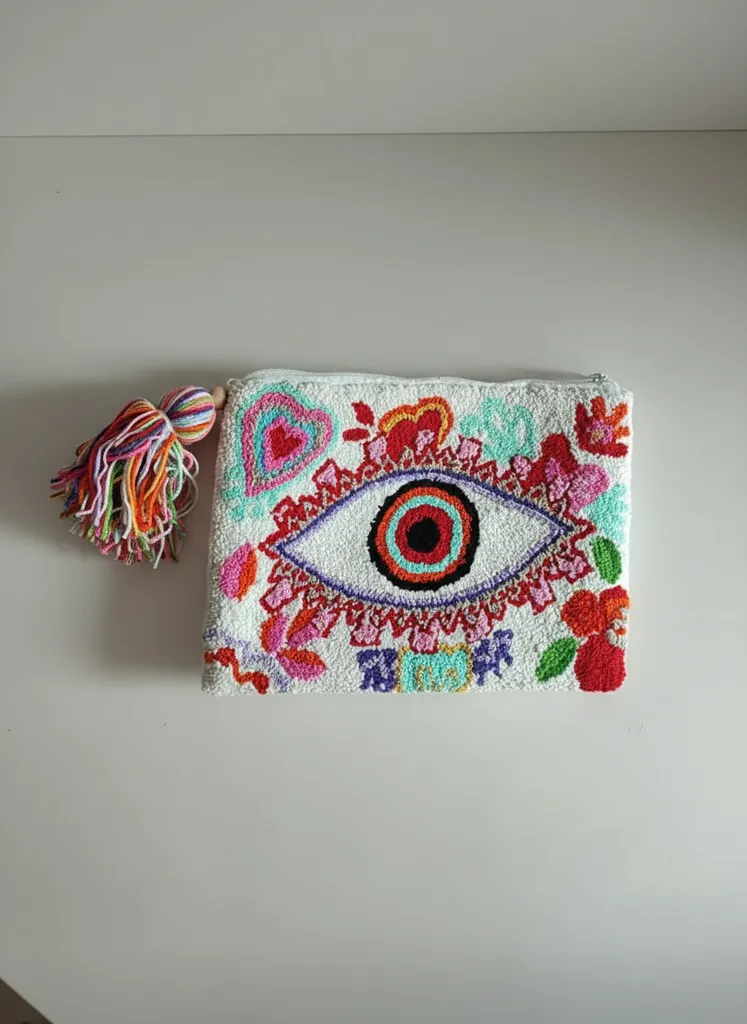 Beyaz Zeminli Nakışlı Clutch Bayan El Çantası - Fermuarlı ve Astarlı