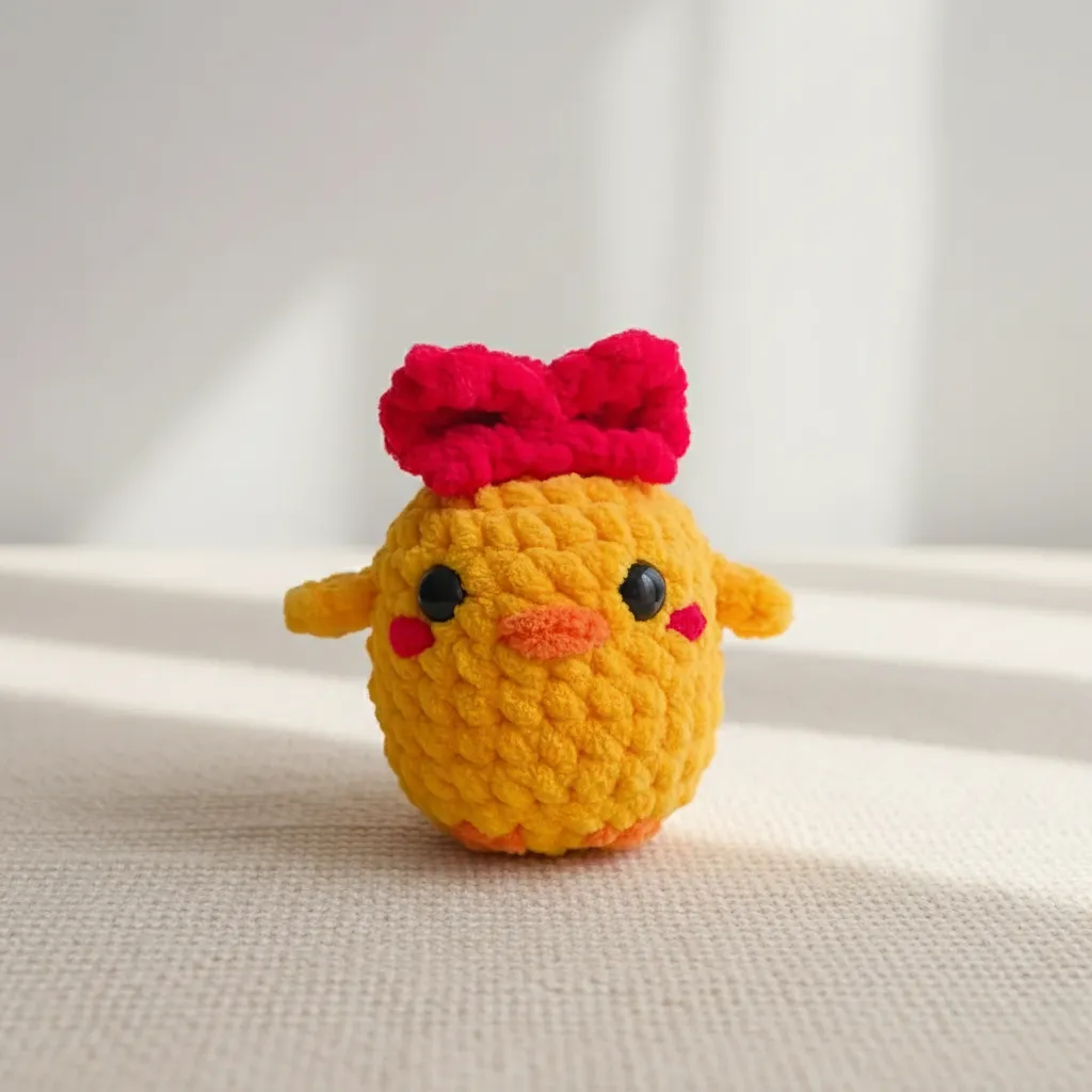 Turuncu Örgü Civciv Oyuncak Bebek - Kırmızı Fiyonklu ve El Yapımı