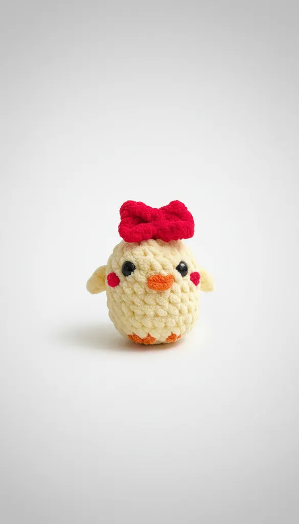Sarı Civciv Amigurumi Oyuncak - Kırmızı Fiyonklu, El Örmesi