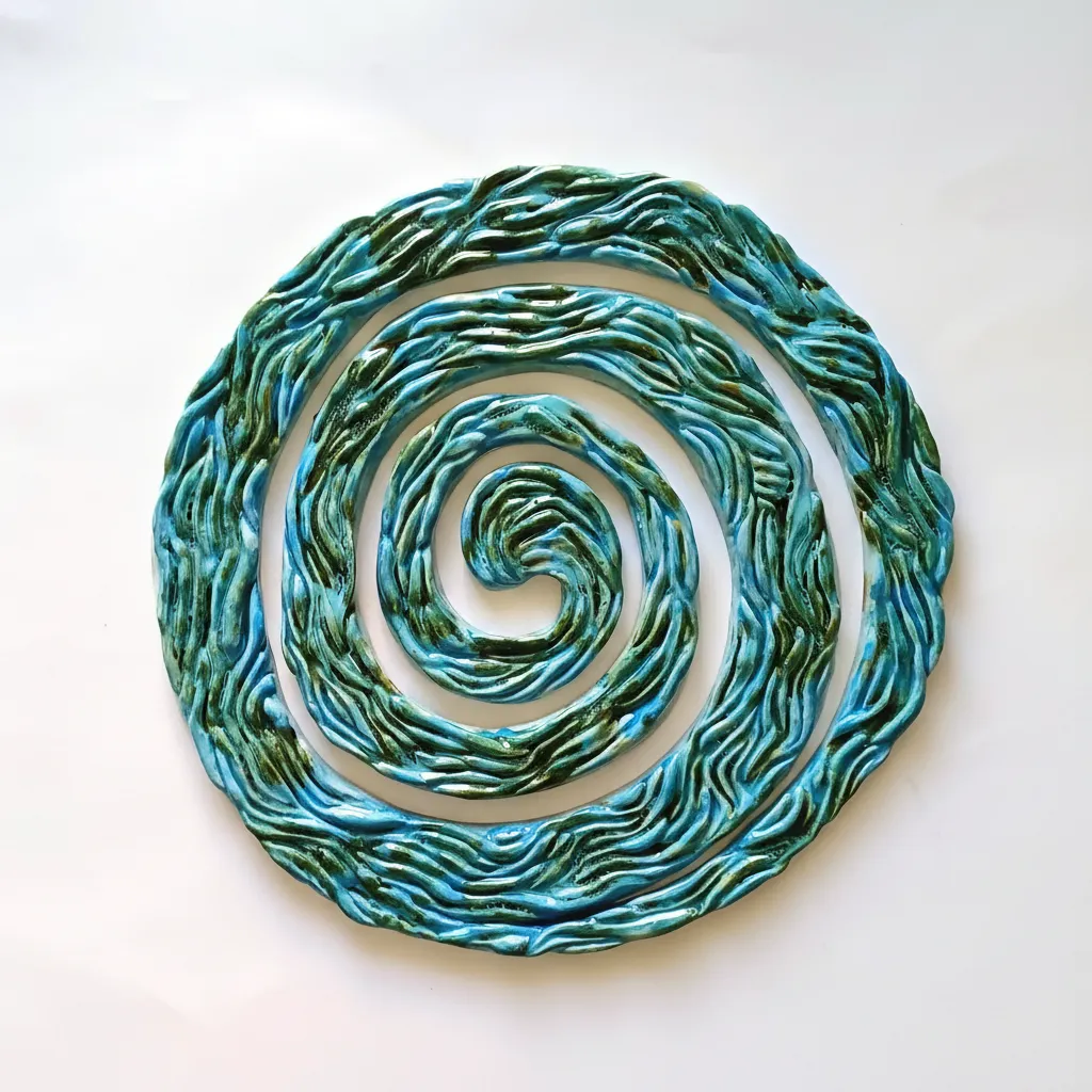 Turkuaz ve Yeşil Tonlarında Spiral Seramik Duvar Dekorasyonu - El Yapımı
