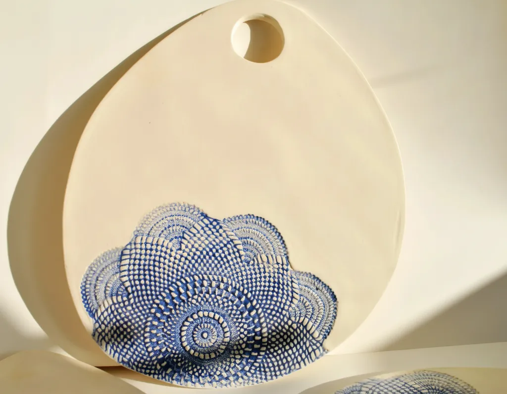 Desenli Ege Mavisi Seramik Sunum Tabağı - 30x35 cm - El Yapımı