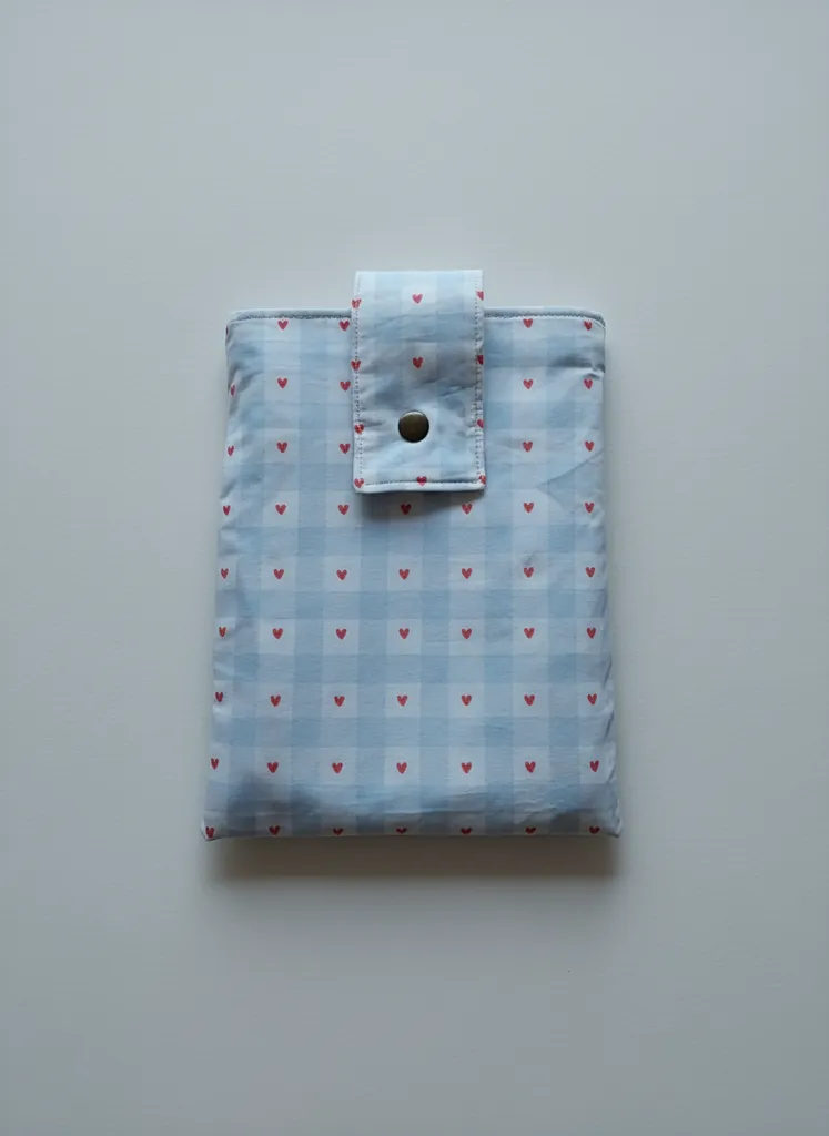 Mavi Beyaz Kalp Desenli Poplin Kitap Kılıfı - Çıtçıtlı El Yapımı