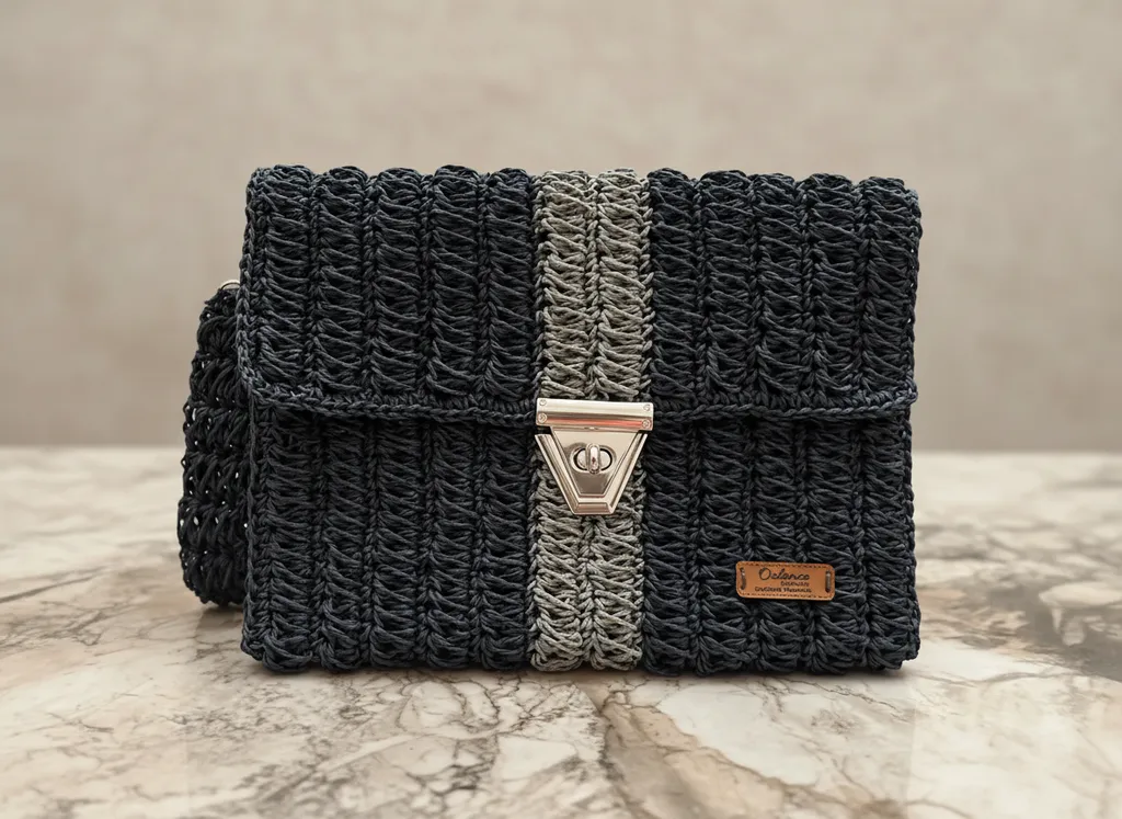 Lacivert Kağıt İp Örgü Kapaklı Clutch Çanta - Günlük Kullanıma Uygun