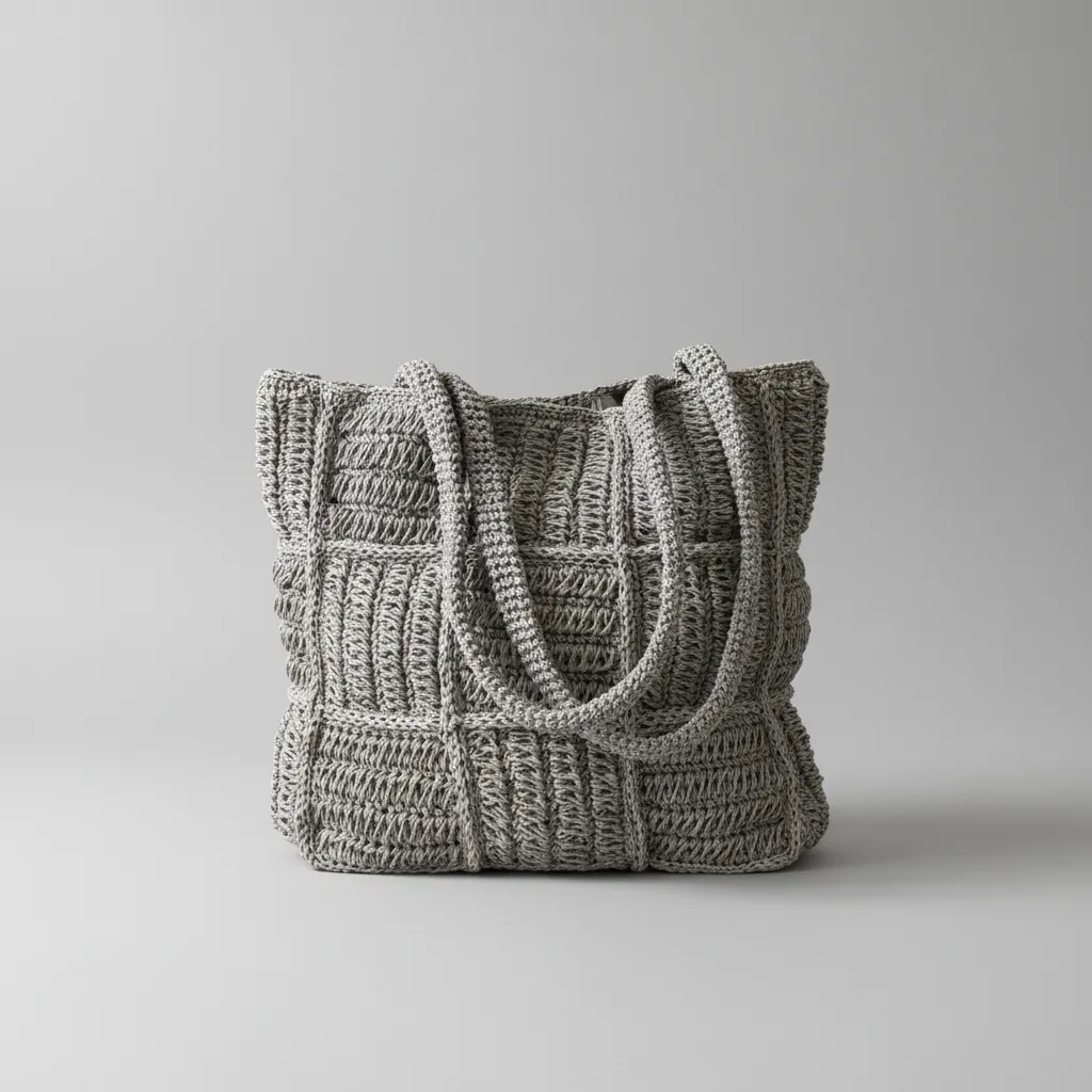 Gri Kağıt İplik Örgü Kadın Omuz Çantası - Astarlı ve Çıtçıtlı